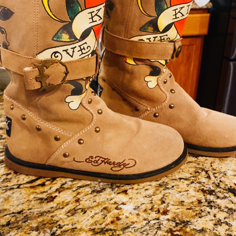 Ed Hardy Tan Suede Boots with Tattoo Art